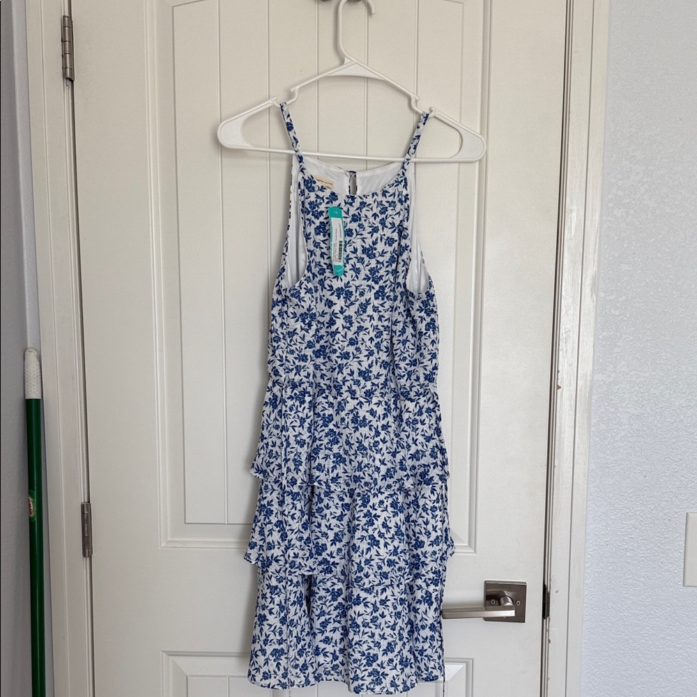 Elegant Blue Floral Mini Dress NWT Rosalie Halter Neck Tiered Dress